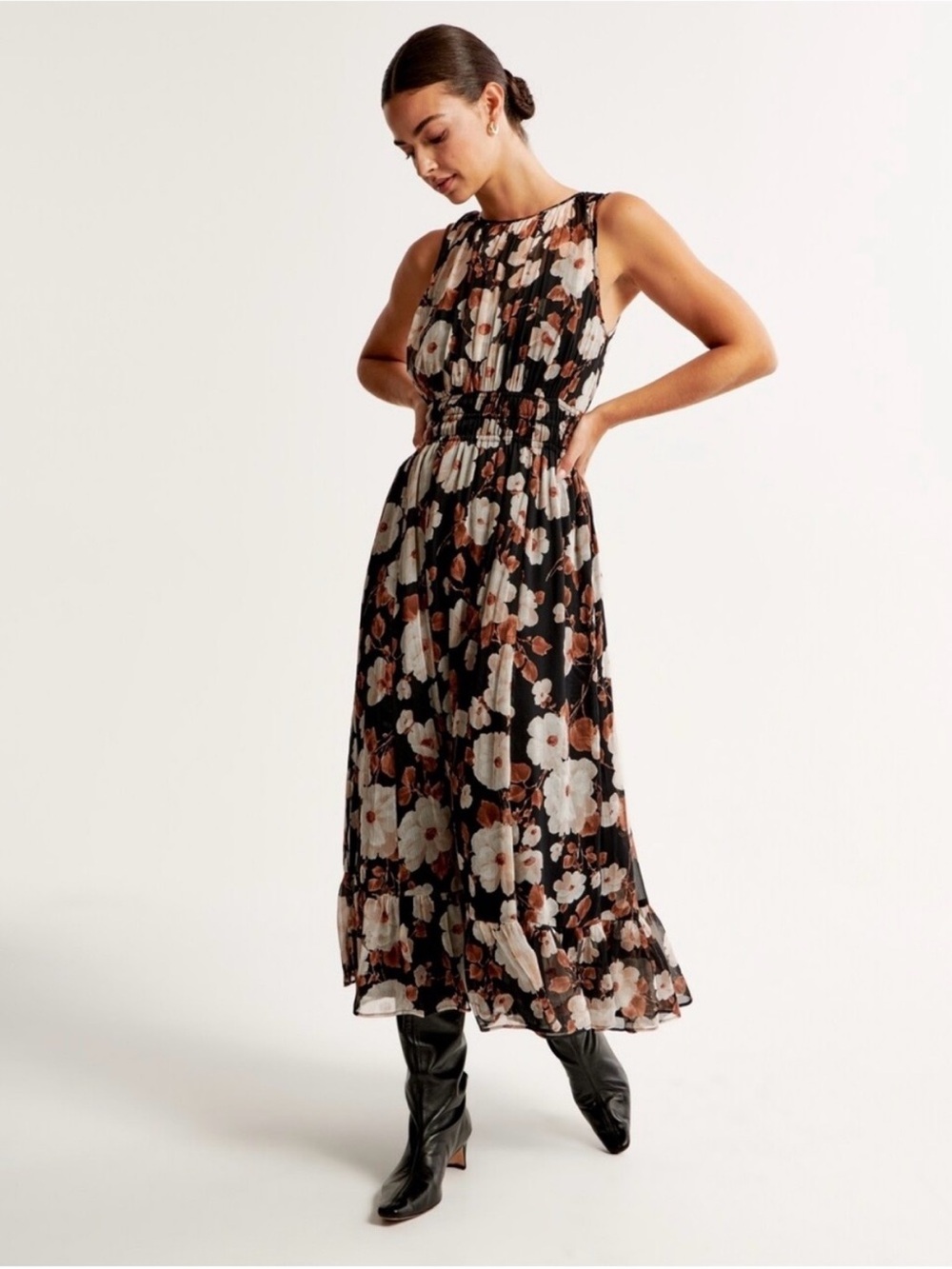 Abercrombie Black and Brown Fall Floral Sleeveless Midi Dress - Size S